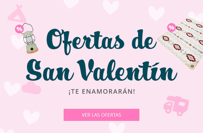 Fondo rosa con corazones blancos, texto grande 'Valentinstag Deals', texto más pequeño 'Angebote zum Verlieben!', botón rosa 'Zu den Angeboten', a la izquierda alfombra con etiqueta de porcentaje, arriba a la derecha batidora con etiqueta de porcentaje, abajo a la derecha icono de caravana