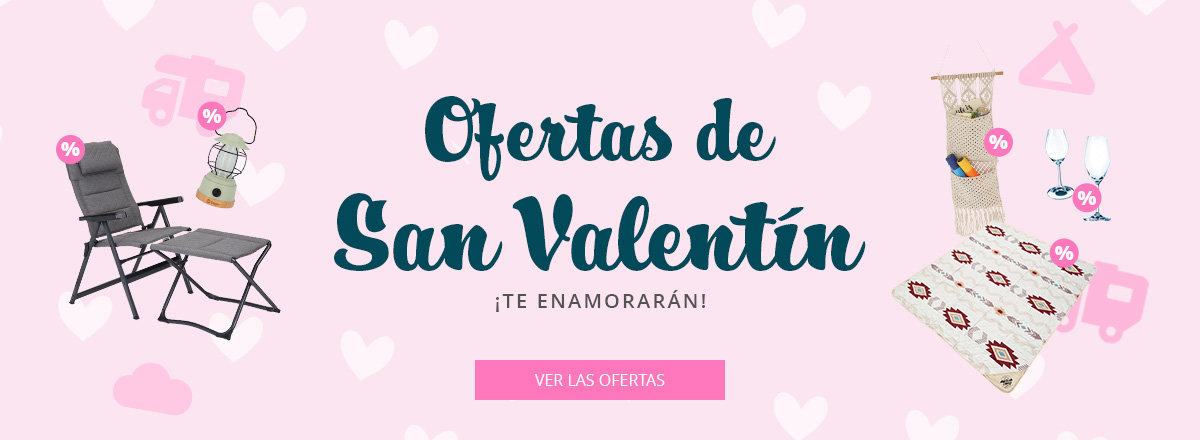 Fondo rosa con motivos de corazones, texto grande centrado 'Valentinstag Deals', debajo 'Angebote zum Verlieben' y un botón rosa 'Zu den Angeboten', rodeado de imágenes de productos: silla reclinable, manta con estampado de corazones, velas, pequeñas figuras e iconos de caravanas