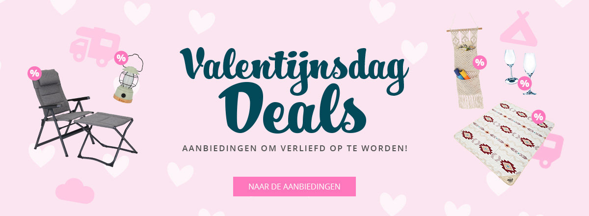 Roze achtergrond met hartmotieven, in het midden grote tekst 'Valentinstag Deals', daaronder 'Angebote zum Verlieben' en een roze knop 'Zu den Angeboten', omringd door productafbeeldingen: ligstoel, deken met hartjespatroon, kaarsen, kleine figuurtjes en caravanpictogrammen
