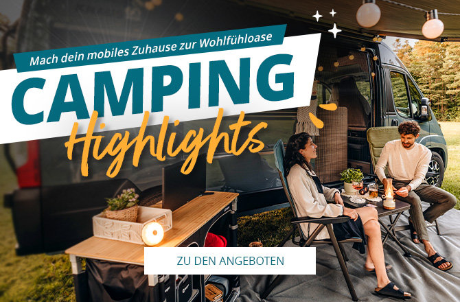 Mobil Slider Banner für Highlights auf dem Campingplatz Angebote. Familie sitzen und essen zusammen
