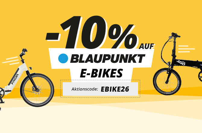 -10% auf Blaupunkt E-Bikes mit blauem Button 'Jetzt entdecken' auf gelbem Hintergrund