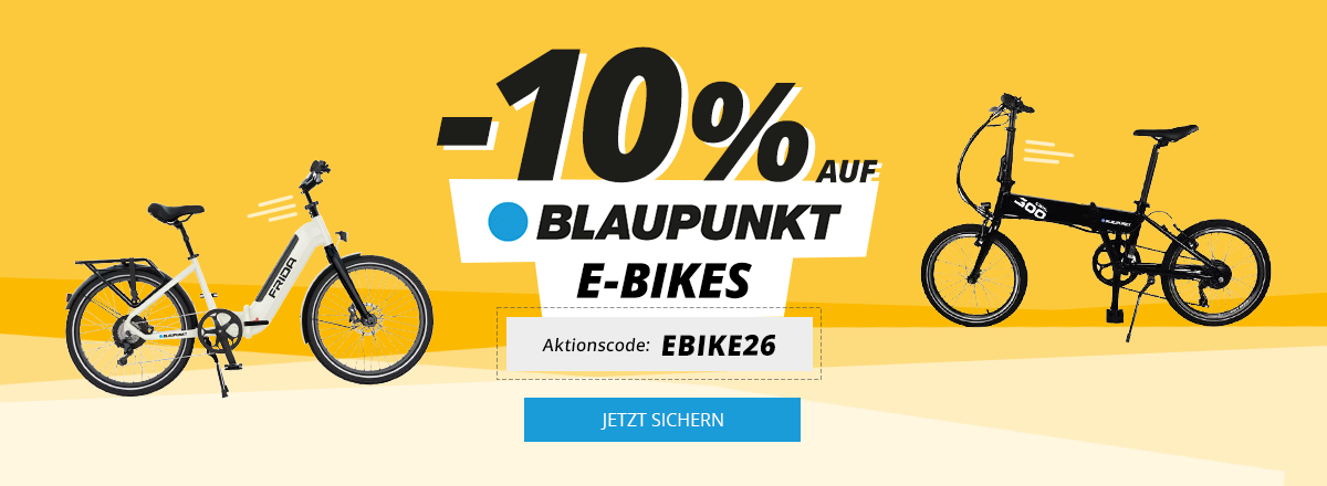 Fahrräder mit 10% Rabatt-Angebot von Blaupunkt auf blauem Hintergrund