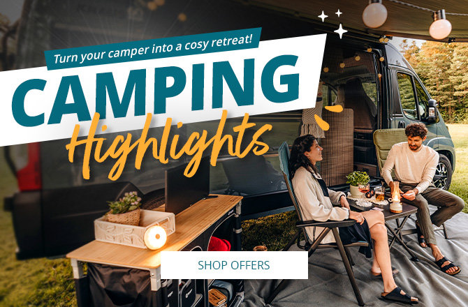 Mobile slider banner for highlights on the campsite offers. Family sitting and eating together