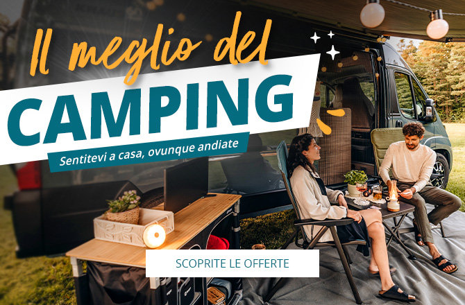 Banner mobile a scorrimento per evidenziare le offerte del campeggio. Famiglia seduta a mangiare insieme