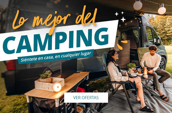 Banner deslizante móvil para destacar las ofertas del camping. Familia sentada y comiendo junta