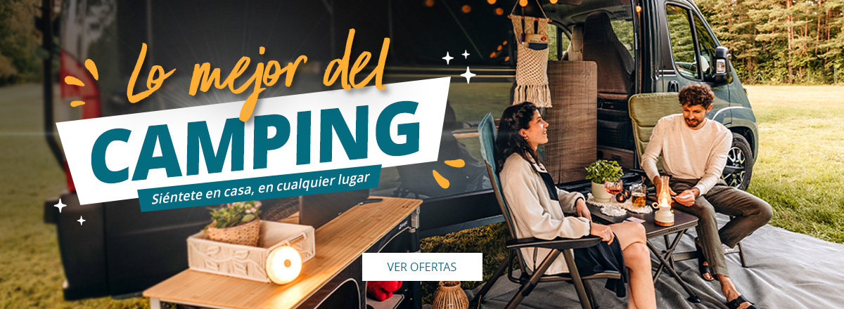 Banner deslizante Hightlight en el camping. Familia sentada y bebiendo junta