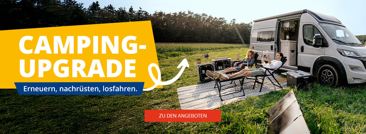 Desktop Slider mit Hinweis auf Campingupgrades und Angeboten
