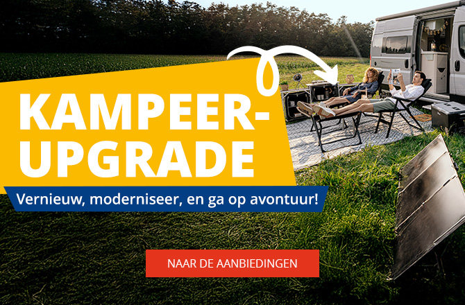 Mobiele slider met informatie over campingupgrades en aanbiedingen