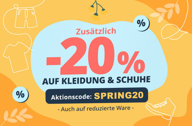 Weißes abgerundetes Feld vor orangefarbenem Hintergrund mit roten Blättern, große rote Schrift "-20% AUF KLEIDUNG & SCHUHE", oranger Kreis mit Text "Auch auf reduzierte Ware gültig", kleines rotes Prozentzeichen, Aktionscode "HERBST25" in Rahmen, bla