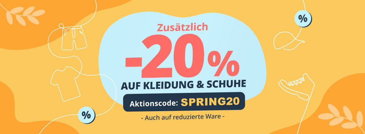 Orangenes Banner mit weißem Kreis; großer roter Text '-20% AUF KLEIDUNG & SCHUHE', kleiner orangefarbener Hinweis 'Auch auf reduzierte Ware', Aktionscode 'HERBST25' und blauer Button 'JETZT SICHERN'. Herbstblätter, Linienzeichnungen von Kleidung und 