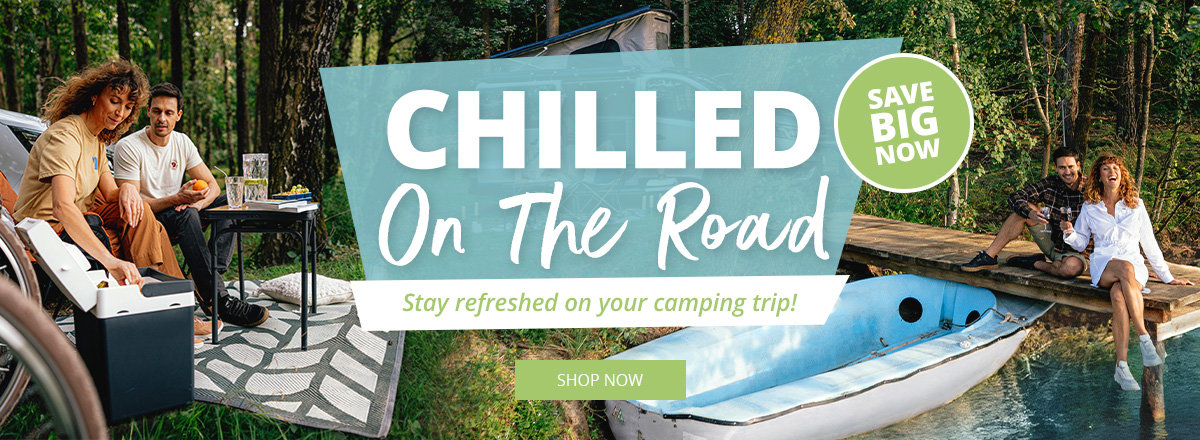 Desktop Slider Banner Woman relaxing in a deck chair in the forest with cooler box next to her