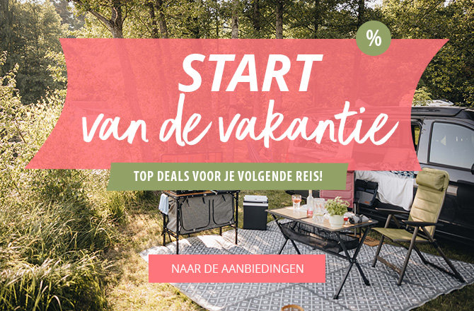 Mobiele slider met verwijzing naar de vakantiestart met grote aanbiedingen. Een groep mensen zit buiten aan een tafel te kletsen.