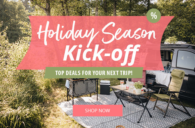 Mobile slider with reference to the holiday start with great offers. A group of people sitting at a table outside chatting.