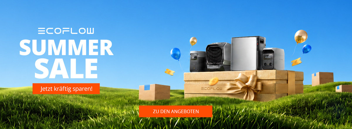 Blauer Himmel über grüner Wiese; Kartons und Geschenkbox mit Schleife; elektronische Geräte (Kamera, Lautsprecher, Kopfhörer) auf der Box; schwebende Luftballons und Konfetti; weißer Schriftzug 'ECOFLOW SUMMER SALE'; orangefarbener Button 'Jetzt kräf