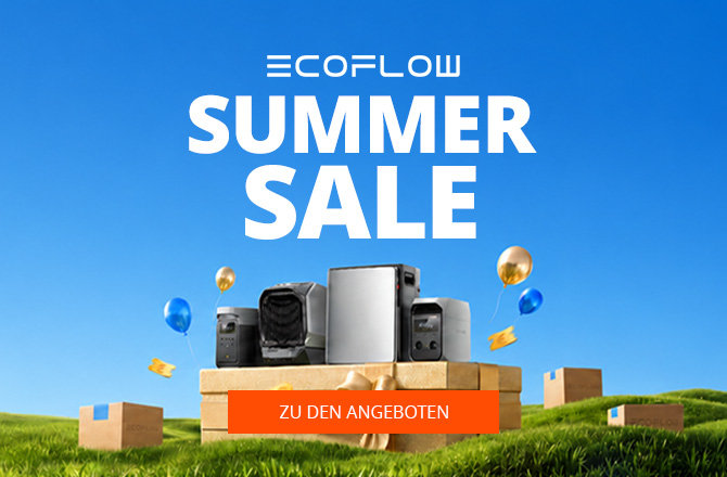 Weiße Schrift 'ECOFLOW SUMMER SALE' vor blauem Himmel, grüne Wiese, graue und schwarze Geräte auf einer Holzplattform, Kartons und blaue sowie goldene Luftballons, orangefarbener Button mit Text 'ZU DEN ANGEBOTEN'