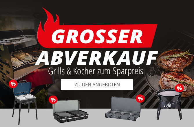 Schwarzer Hintergrund, großer roter Schriftzug 'GROSSER ABVERKAUF', darunter 'Grills & Kocher zum Sparpreis', vier Grills/Kocher, rote Prozentzeichen und weißer Button 'ZU DEN ANGEBOTEN'