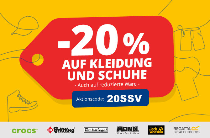 Weißes abgerundetes Feld vor orangefarbenem Hintergrund mit roten Blättern, große rote Schrift "-20% AUF KLEIDUNG & SCHUHE", oranger Kreis mit Text "Auch auf reduzierte Ware gültig", kleines rotes Prozentzeichen, Aktionscode "HERBST25" in Rahmen, bla