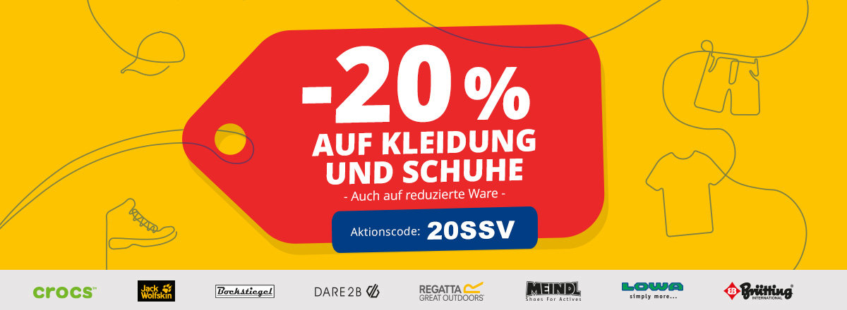 Orangenes Banner mit weißem Kreis; großer roter Text '-20% AUF KLEIDUNG & SCHUHE', kleiner orangefarbener Hinweis 'Auch auf reduzierte Ware', Aktionscode 'HERBST25' und blauer Button 'JETZT SICHERN'. Herbstblätter, Linienzeichnungen von Kleidung und 