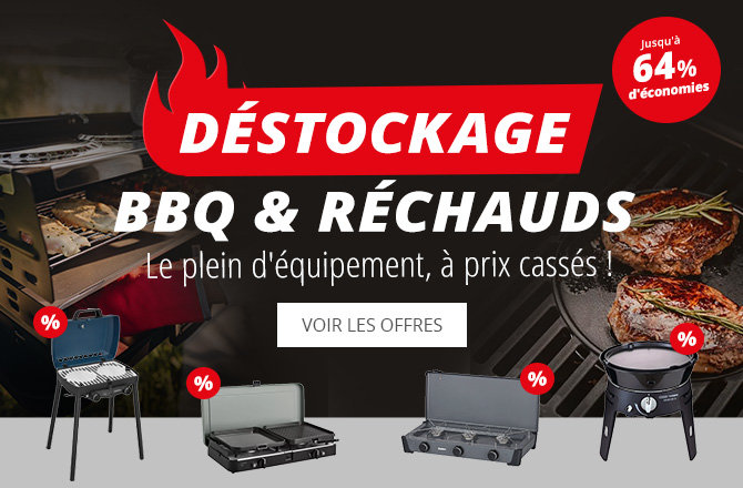 Fond noir, grand texte rouge 'GROSSER ABVERKAUF', en dessous 'Grills & Kocher zum Sparpreis', quatre grills/cuisinières, pastilles rouges avec pourcentage et bouton blanc 'ZU DEN ANGEBOTEN'