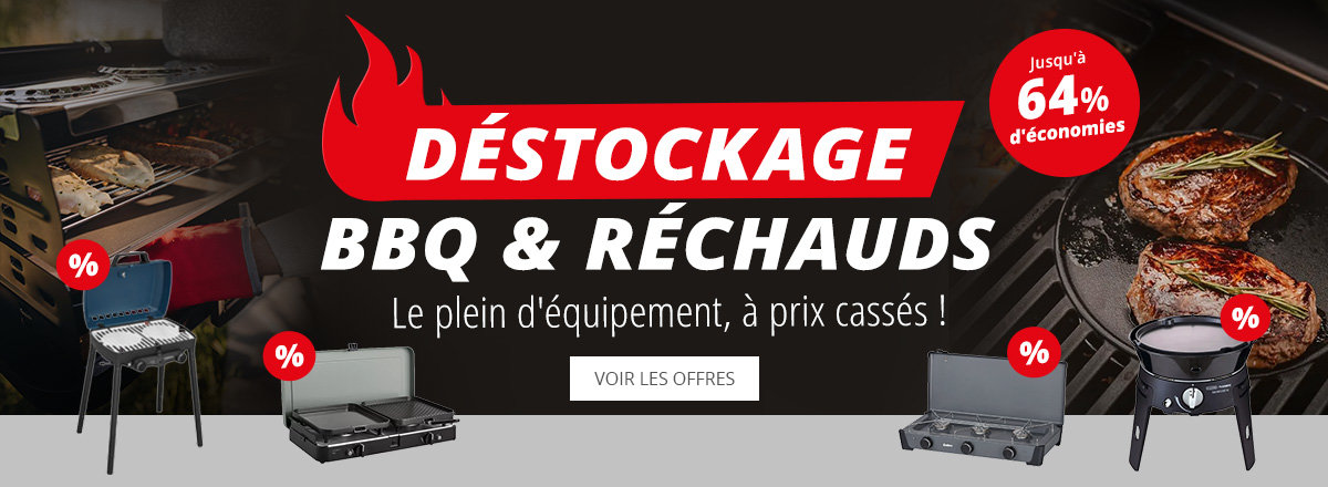 Gauche bannière publicitaire avec panneau rouge et texte blanc 'GROSSER ABVERKAUF', petites images de grills et le texte 'Grills & Kocher zum Sparpreis' ; à droite deux personnes assises près d'un lac à côté d'un grill portable sur une table, une personne penchée vers le grill ; bouton blanc marqué 'ZU DEN ANGEBOTEN' visible