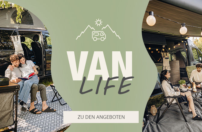 Mobil Slider für VanLife Angebote. Menschen kochen im Hintergrund mit Van