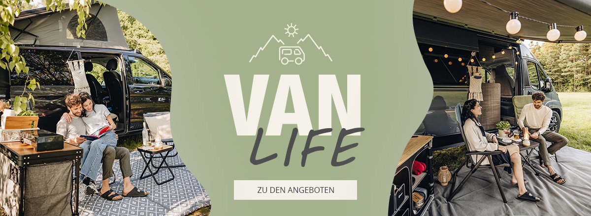Desktop Slider für VanLife Angebote. Menschen kochen im Hintergrund mit Van