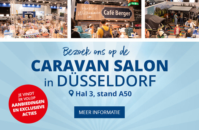 Boven drie foto's van een beurs met bezoekers; onder een blauwe banner met de tekst 'Besucht uns auf dem CARAVAN SALON DÜSSELDORF Halle 3, Stand A50', een rode cirkel met 'VIELE ANGEBOTE & AKTIONEN VOR ORT' en een knop 'MEHR INFOS'