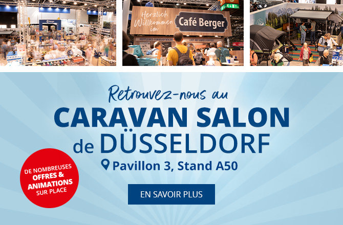 En haut trois photos d'un salon avec des visiteurs; en dessous une bannière bleue portant le texte 'Besucht uns auf dem CARAVAN SALON DÜSSELDORF Halle 3, Stand A50', un cercle rouge 'VIELE ANGEBOTE & AKTIONEN VOR ORT' et un bouton 'MEHR INFOS'