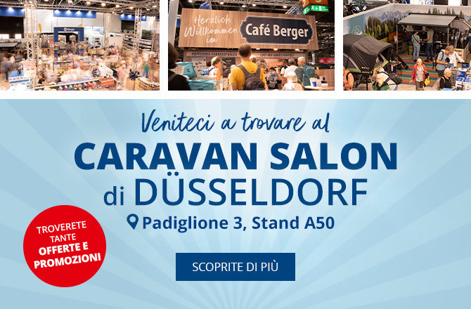 In alto tre foto di una fiera con visitatori; sotto uno striscione blu con la scritta 'Besucht uns auf dem CARAVAN SALON DÜSSELDORF Halle 3, Stand A50', un cerchio rosso con 'VIELE ANGEBOTE & AKTIONEN VOR ORT' e un pulsante 'MEHR INFOS'
