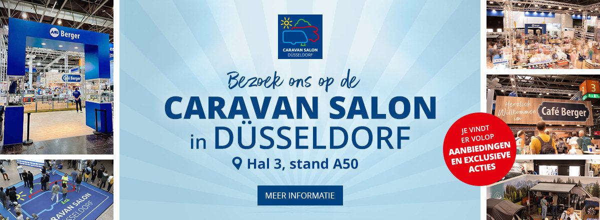 Banner met grote Duitse tekst 'Besucht uns auf dem CARAVAN SALON DÜSSELDORF', logo in het midden, 'Halle 3, Stand A50', knop 'MEHR INFOS', rode sticker 'VIELE ANGEBOTE & AKTIONEN VOR ORT', zijdelingse afbeeldingen van stands, voertuigen, bezoekers en een café