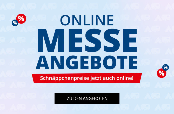 Blaues Motiv mit großem Text 'ONLINE MESSE ANGEBOTE', rotem Balken darunter mit dem Text 'Starke Messe-Preise jetzt auch online!', schwarzem Rechteck mit dem Text 'ZU DEN ANGEBOTEN', hellblauer Hintergrund mit wiederholtem Muster und kleinen Kreisen 
