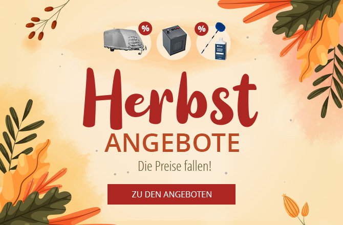 Zentrales Banner mit Text 'Herbst-ANGEBOTE', kleiner Text 'Die Preise fallen!', Abzeichen oben 'bis zu -52% SPAREN', blauer Button 'ZU DEN ANGEBOTEN', herbstliche Blätter am Rand