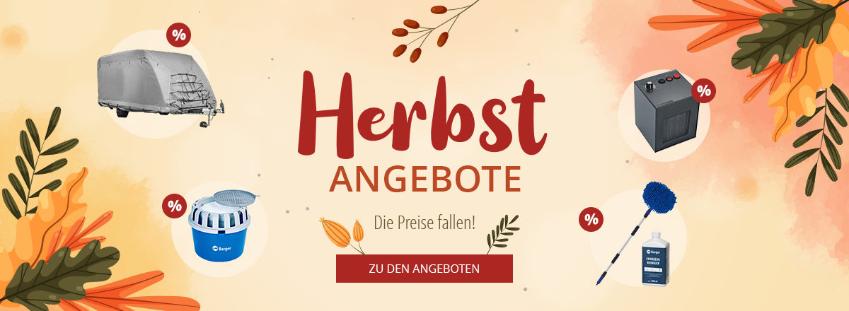 Beige, zentrierte rechteckige Fläche mit orangefarbenem Rahmen; mittig der Text "Herbst ANGEBOTE" und darunter "Die Preise fallen!"; oben ein kleines orangefarbenes Blatt-Emblem mit "52% SPAREN"; dekorative herbstliche Blätter und orange Wasserfarbfl