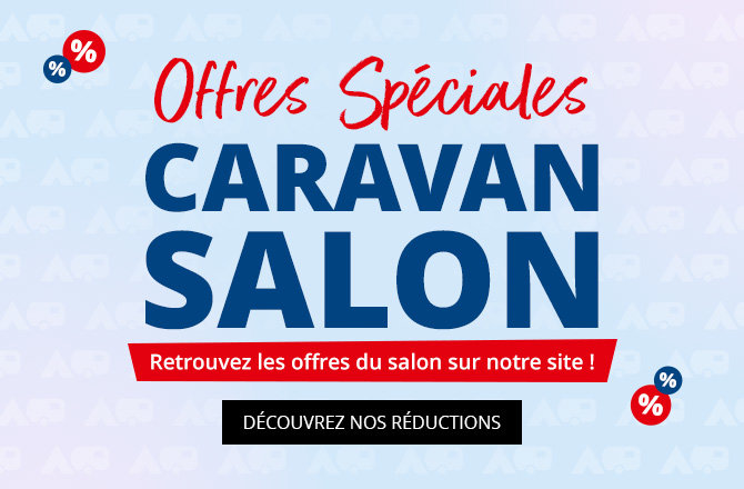 Visuel bleu avec grand texte 'ONLINE MESSE ANGEBOTE', bande rouge en dessous avec le texte 'Starke Messe-Preise jetzt auch online!', rectangle noir avec le texte 'ZU DEN ANGEBOTEN', fond bleu clair avec un motif répétitif et de petits cercles avec des signes pourcent