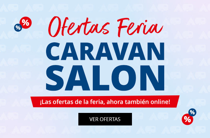 Diseño azul con texto grande 'ONLINE MESSE ANGEBOTE', franja roja debajo con el texto 'Starke Messe-Preise jetzt auch online!', rectángulo negro con el texto 'ZU DEN ANGEBOTEN', fondo azul claro con un patrón repetido y pequeños círculos con signos de porcentaje
