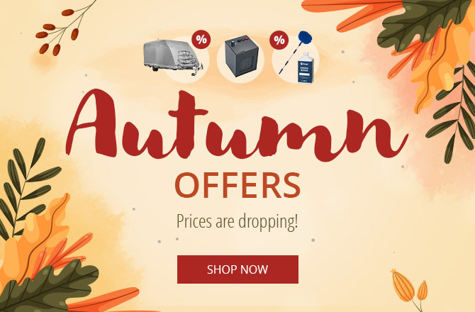 Central banner with text 'Herbst-ANGEBOTE', small text 'Die Preise fallen!', badge above 'bis zu -52% SPAREN', blue button 'ZU DEN ANGEBOTEN', autumn leaves at the edges