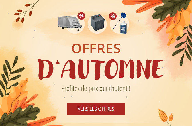 Bannière centrale avec le texte 'Herbst-ANGEBOTE', petit texte 'Die Preise fallen!', écusson en haut 'bis zu -52% SPAREN', bouton bleu 'ZU DEN ANGEBOTEN', feuilles d'automne sur les bords