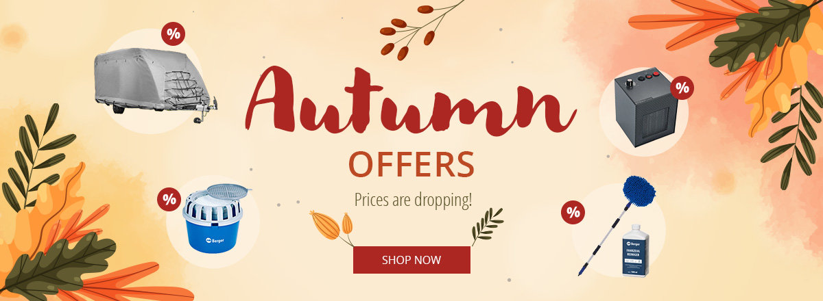 Beige centered rectangular area with an orange frame; centered text "Herbst ANGEBOTE" and below "Die Preise fallen!"; above a small orange leaf emblem with "52% SPAREN"; decorative autumn leaves and orange watercolor spots; at the bottom a blue button labeled "ZU DEN ANGEBOTEN"