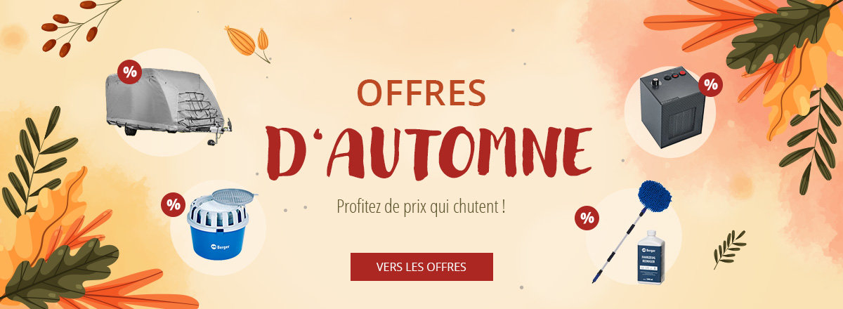 Surface rectangulaire beige centrée avec un cadre orange; au centre le texte "Herbst ANGEBOTE" et en dessous "Die Preise fallen!"; en haut un petit emblème feuille orange avec "52% SPAREN"; feuilles d'automne décoratives et taches aquarelle orange; en bas un bouton bleu libellé "ZU DEN ANGEBOTEN"