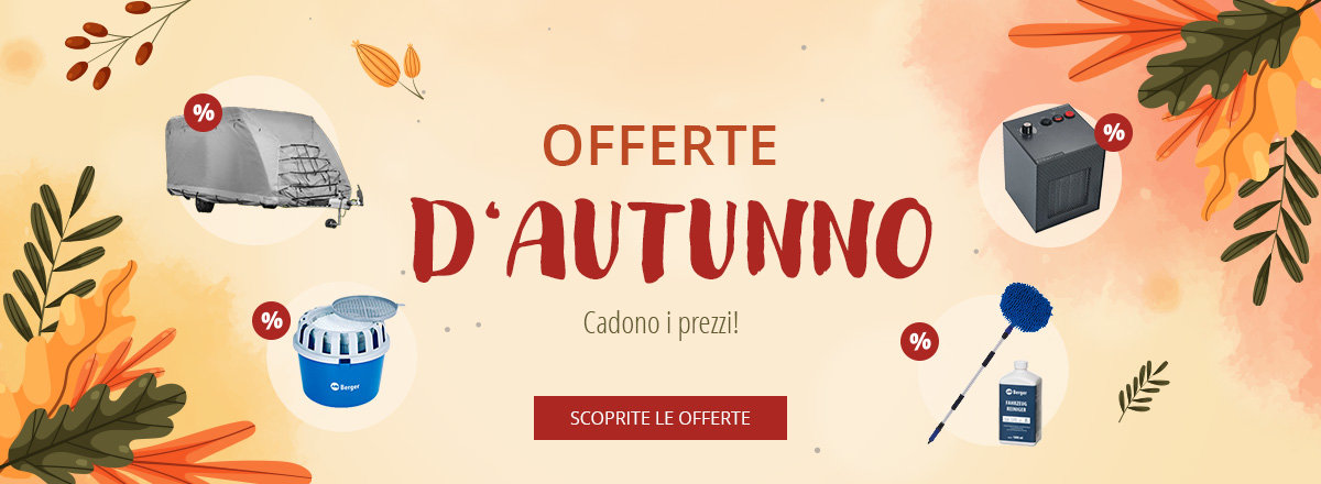 Area rettangolare beige centrata con cornice arancione; al centro il testo "Herbst ANGEBOTE" e sotto "Die Preise fallen!"; in alto un piccolo emblema a forma di foglia arancione con "52% SPAREN"; foglie autunnali decorative e macchie acquerello arancioni; in basso un pulsante blu con la scritta "ZU DEN ANGEBOTEN"