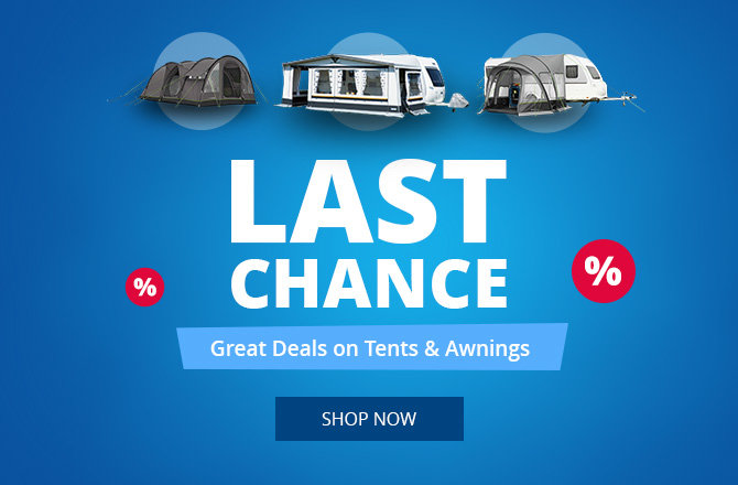 Three caravan awnings at the top, large white text 'LETZTE CHANCE', red tag 'SALE', red circle with '%', blue strip with white text 'Vorzelte & Campingzelte zum Sparpreis', dark blue button 'ZU DEN ANGEBOTEN' on a blue background