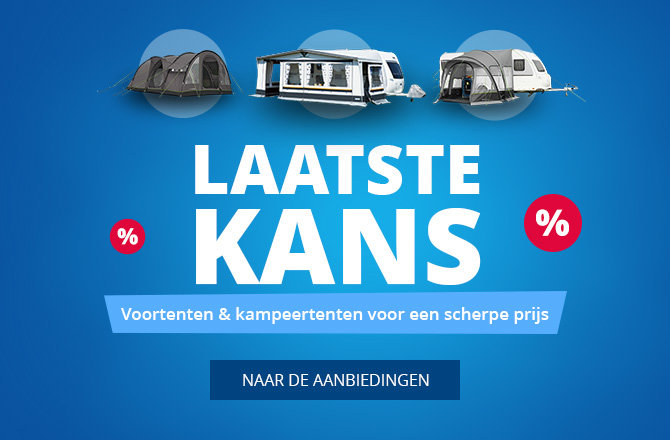 Drie voortenten van caravans bovenaan, grote witte tekst 'LETZTE CHANCE', rood label 'SALE', rode cirkel met '%', blauwe balk met witte tekst 'Vorzelte & Campingzelte zum Sparpreis', donkerblau knopje 'ZU DEN ANGEBOTEN' op een blauwe achtergrond