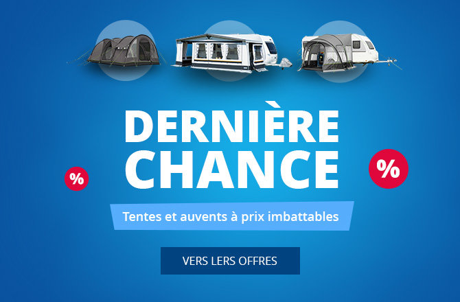 Trois auvents de caravane en haut, grand texte blanc 'LETZTE CHANCE', étiquette rouge 'SALE', cercle rouge avec '%', bande bleue avec texte blanc 'Vorzelte & Campingzelte zum Sparpreis', bouton bleu foncé 'ZU DEN ANGEBOTEN' sur fond bleu