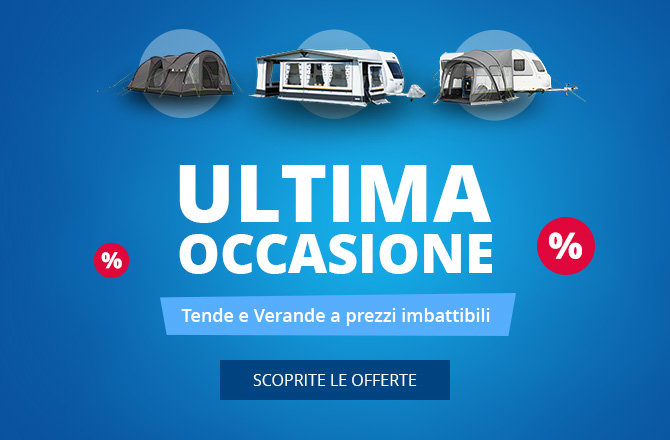 Tre tende per roulotte in alto, grande testo bianco 'LETZTE CHANCE', etichetta rossa 'SALE', cerchio rosso con '%', striscia blu con testo bianco 'Vorzelte & Campingzelte zum Sparpreis', pulsante blu scuro 'ZU DEN ANGEBOTEN' su sfondo blu