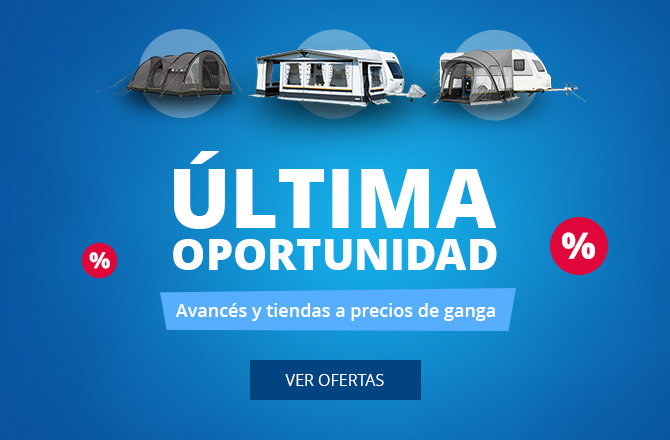 Tres toldos de caravana en la parte superior, gran texto blanco 'LETZTE CHANCE', etiqueta roja 'SALE', círculo rojo con '%', franja azul con texto blanco 'Vorzelte & Campingzelte zum Sparpreis', botón azul oscuro 'ZU DEN ANGEBOTEN' sobre fondo azul