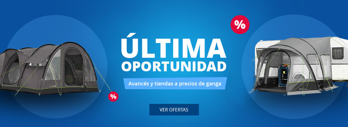 Dos tiendas de campaña a la izquierda y a la derecha, etiqueta roja con 'SALE' y signo de porcentaje, texto grande 'LETZTE CHANCE', fondo azul, botón 'ZU DEN ANGEBOTEN'