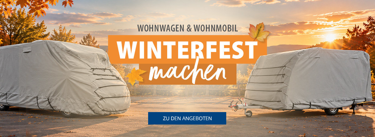 Desktop Banner für das Winterfest 2024. Produkte im Angebot wie Wohnwagen Schutzhüllen