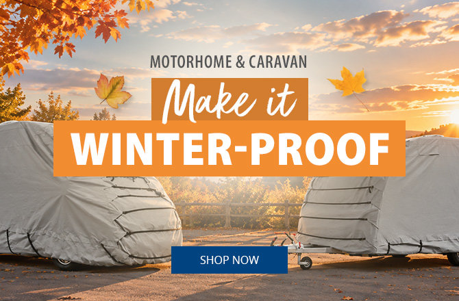 Mobile banner for the Winterfest 2024. Products on offer such as caravan protective covers