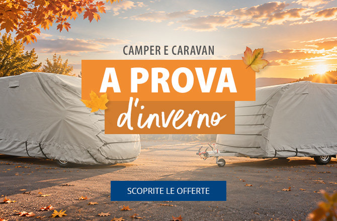 Striscione mobile per il Winterfest 2024. Prodotti offerti come coperture protettive per roulotte