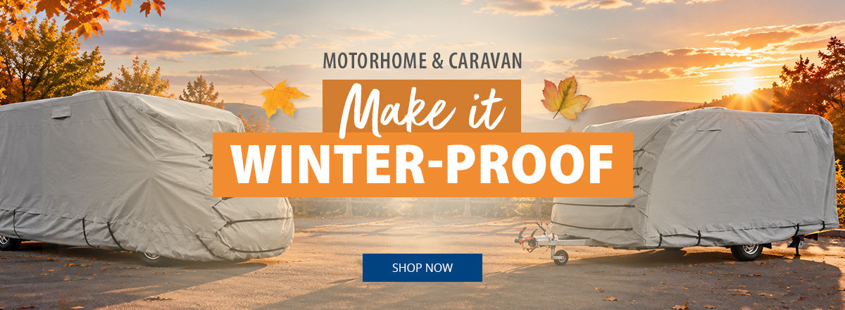 Desktop banner for the Winterfest 2024. Products on offer such as caravan protective covers